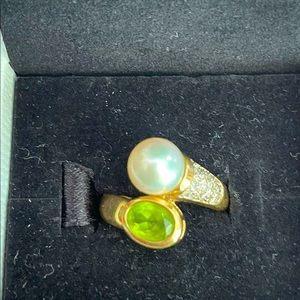 Diamond Peridot Pearl Ring 14k gold